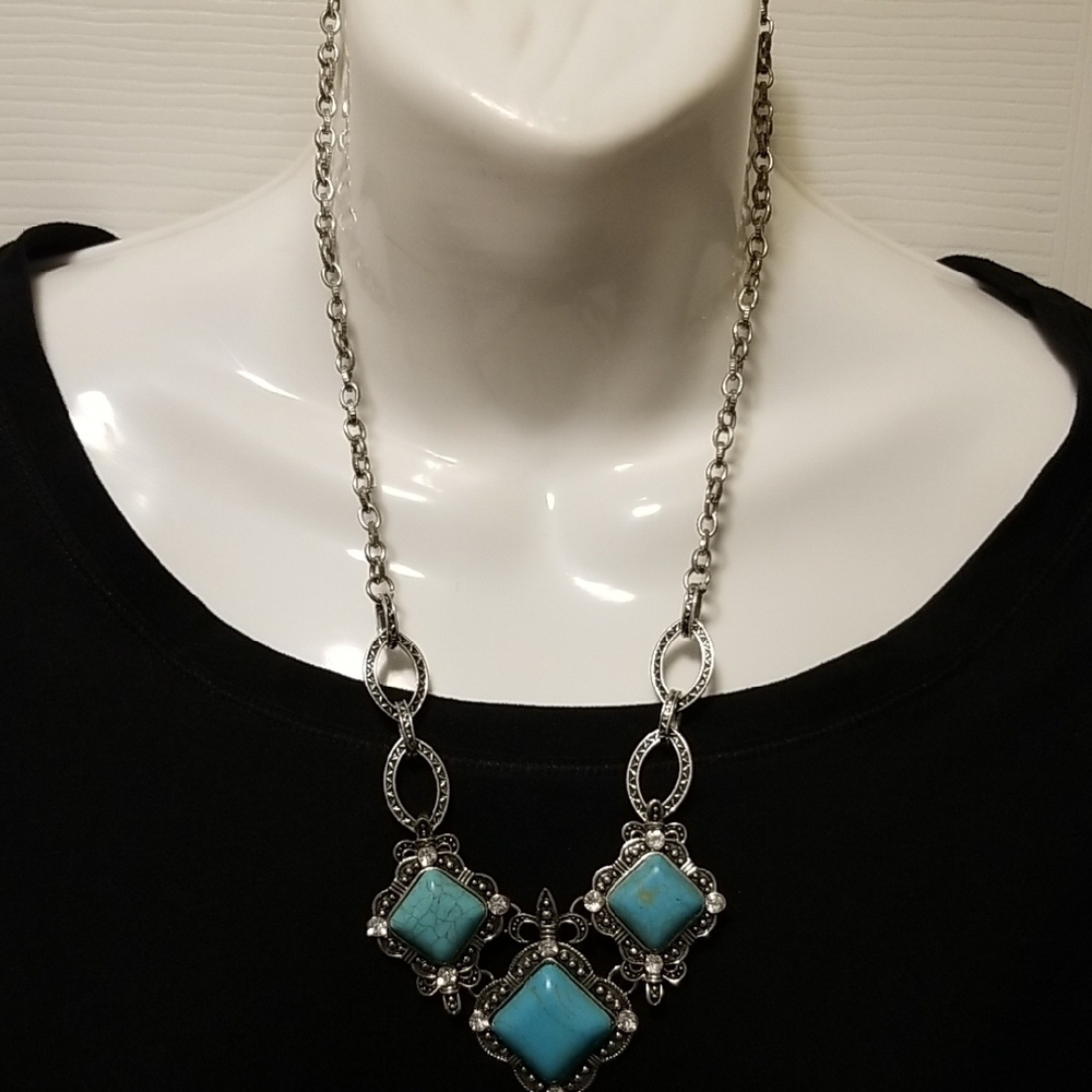 Silver and Blue Necklace with Ornate Pendant SOLD